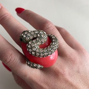 Cocktail ring with coral enamel and jewelled snake